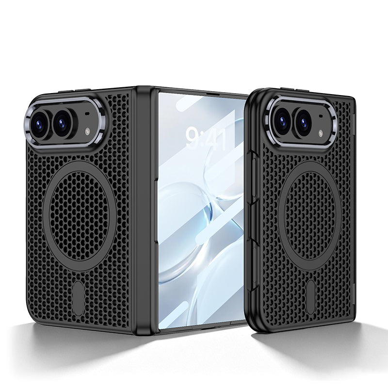 iPhone Duo - Magnetic Hinge Protection Honeycomb‑Mesh Cooling Cover Built-in Tempered Glass Film & Magnetic Ring