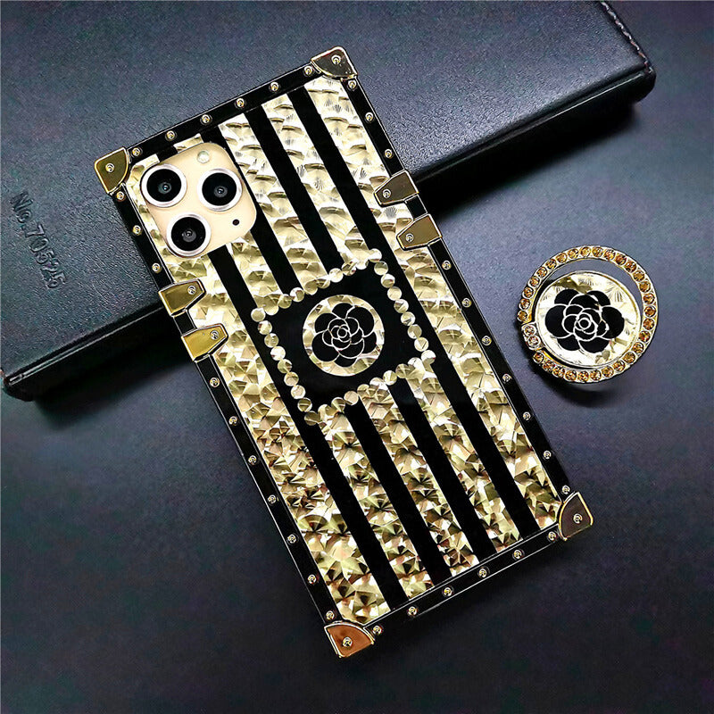 2021 Luxury Brand Black Rose Flower Stripe Glitter Gold Square Case For iPhone