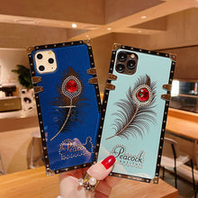 Load image into Gallery viewer, 2021 Luxury Diamond Gem Peacock Feather Square Case For iPhone