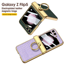 Load image into Gallery viewer, Electroplated Leather Magnetic Hinge Ring Holder Case For Samsung Galaxy Z Flip5 Flip4 Flip3  With Front Protection Film
