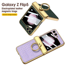 Load image into Gallery viewer, Electroplated Leather Magnetic Hinge Ring Holder Case For Samsung Galaxy Z Flip5 Flip4 Flip3 With Front Protection Film