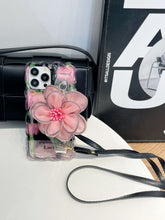 Load image into Gallery viewer, Icy Black Pink Flower Wristband iPhone Case with Messenger Strap - mycasety2023 Mycasety