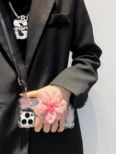 Load image into Gallery viewer, Icy Black Pink Flower Wristband iPhone Case with Messenger Strap - mycasety2023 Mycasety