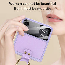 Load image into Gallery viewer, Original Leather Back Screen Tempered Glass Hard Frame Cover With Finger-Ring And Lanyard For Samsung Z Flip 3 5G