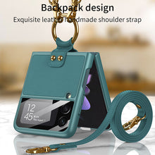 Load image into Gallery viewer, Original Leather Back Screen Tempered Glass Hard Frame Cover With Finger-Ring And Lanyard For Samsung Z Flip 3 5G