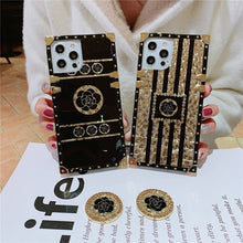 Load image into Gallery viewer, 2021 Luxury Brand Black Rose Flower Stripe Glitter Gold Square Case For iPhone &amp; Samsung
