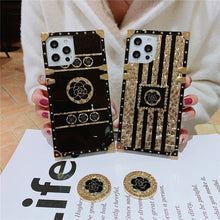 Load image into Gallery viewer, 2021 Luxury Brand Black Rose Flower Stripe Glitter Gold Square Case For iPhone & Samsung
