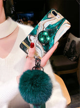 Load image into Gallery viewer, Luxury Marble Pattern Popsockets iPhone Case With Fur Ball And Lanyard - VooChoice