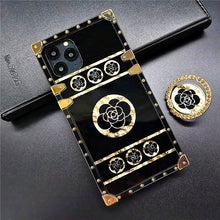 Load image into Gallery viewer, 2021 Luxury Brand Black Rose Flower Stripe Glitter Gold Square Case For iPhone & Samsung