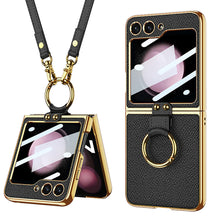 Load image into Gallery viewer, Luxury Leather Back Screen Tempered Glass Hard Frame Cover With Lanyard For Samsung Galaxy Z Flip5 Flip4 Flip3 - mycasety2023 Mycasety