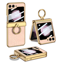 Load image into Gallery viewer, Electroplated Leather Magnetic Hinge Ring Holder Case For Samsung Galaxy Z Flip5 Flip4 Flip3 With Front Protection Film