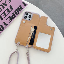 Load image into Gallery viewer, Luxurious Leather Card Holder Anti-fall Protective iPhone Case With Lanyard & Mirror