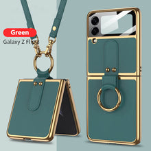 Load image into Gallery viewer, Luxury Leather Back Screen Tempered Glass Hard Frame Cover For Samsung Z Flip3 Flip4 5G With Lanyard
