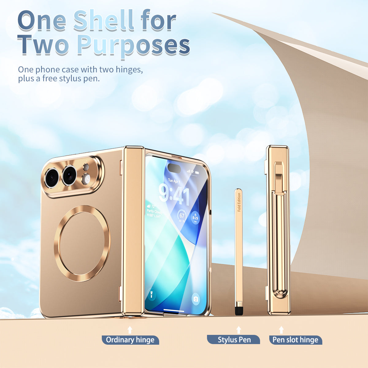 iPhone Duo | Golden Business Phone Case Built-in Tempered Glass Film & Stylus & Two Magnetic Hinge Options