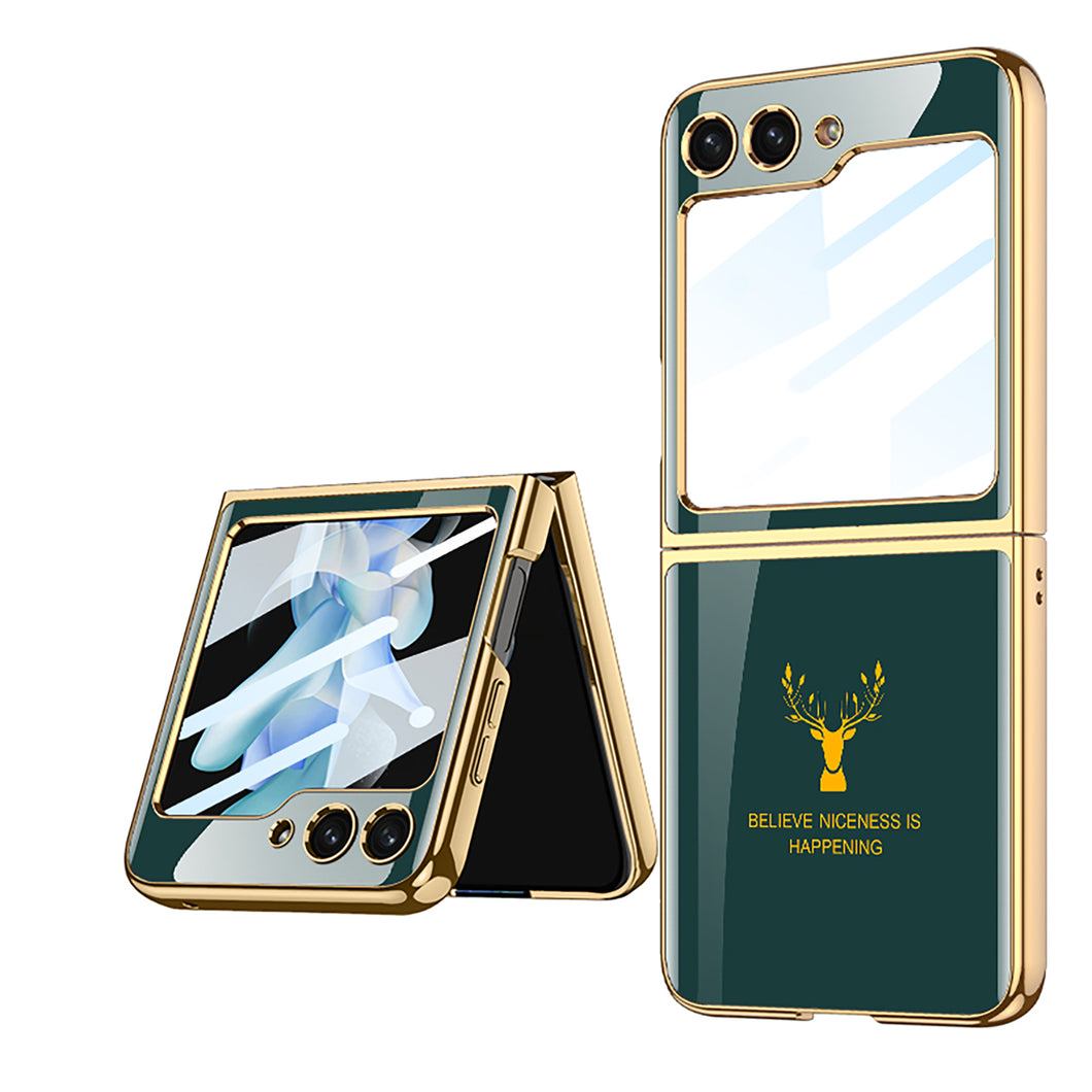 Luxury Deer Pattern Electroplating Tempered Glass Case For Samsung Galaxy Z Flip3 Flip4 Flip5 5G