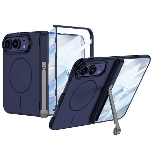 iPhone Duo - Magnetic Hinge Protection Fashion Cover Built-in Tempered Glass Film & Tri‑Fold Kickstand & Magnetic Ring