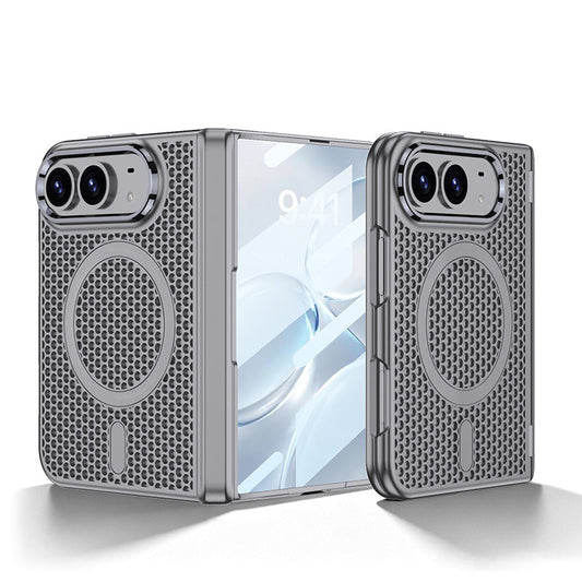 iPhone Duo  - Magnetic Hinge Protection Honeycomb‑Mesh Cooling Cover Built-in Tempered Glass Film & Magnetic Ring