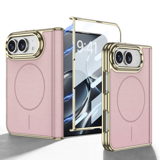iPhone Duo - Golden Plating Leather Cover Built-in Tempered Glass Screen & Magnetic Coil