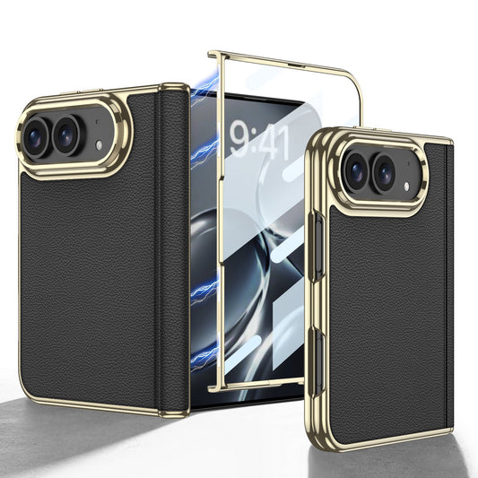 iPhone Duo  - Golden Plating Leather Cover Built-in Tempered Glass Screen