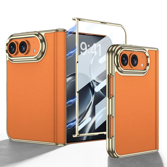 iPhone Duo  - Golden Plating Leather Cover Built-in Tempered Glass Screen