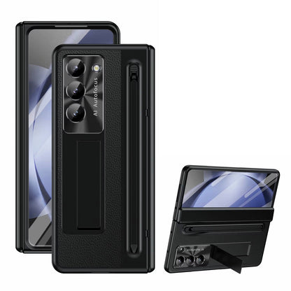 Leather Golden Electroplated Phone Case With Back Screen Glass and Stylus For Galaxy Z Fold 7/6/5/4