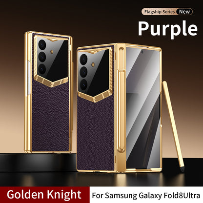 Leather Case For Galaxy Z Fold8/7/6 Ultra – Golden Plating Frame, Built-In Tempered Glass Film & Pen Box