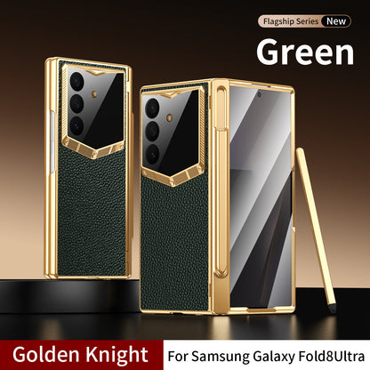 Leather Case For Galaxy Z Fold8/7/6 Ultra – Golden Plating Frame, Built-In Tempered Glass Film & Pen Box