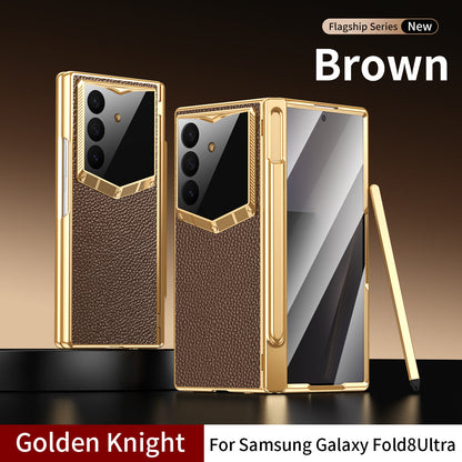 Leather Case For Galaxy Z Fold8/7/6 Ultra – Golden Plating Frame, Built-In Tempered Glass Film & Pen Box
