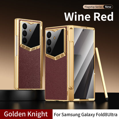 Leather Case For Galaxy Z Fold8/7/6 Ultra – Golden Plating Frame, Built-In Tempered Glass Film & Pen Box
