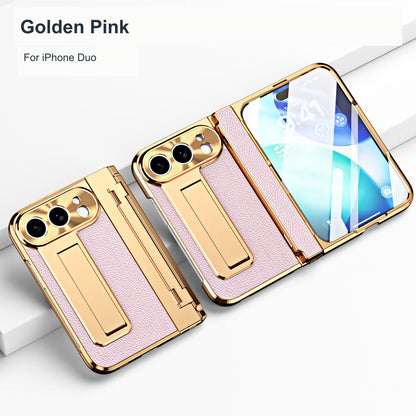 iPhone Duo | Golden Plating Textured Leather Cover with Kickstand & Front Screen Protector