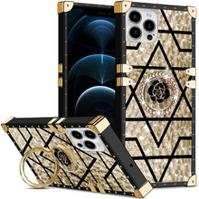 Load image into Gallery viewer, Luxury Brand Black Rose Flower Stripe Glitter Gold Square Case For Samsung
