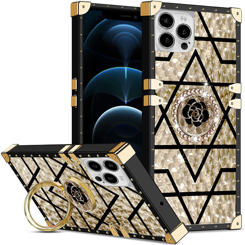 Luxury Brand Black Rose Flower Stripe Glitter Gold Square Case For Samsung