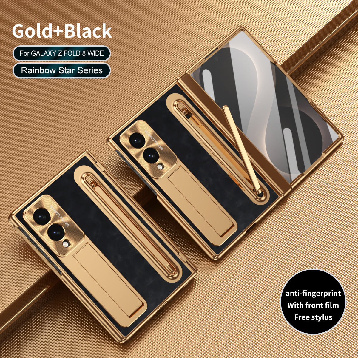 Leather Golden Electroplated Phone Case With Back Screen Glass and Stylus For Galaxy Z Fold8 Wide Ultra