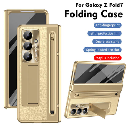 Leather Golden Electroplated Phone Case With Back Screen Glass and Stylus For Galaxy Z Fold 7/6/5/4