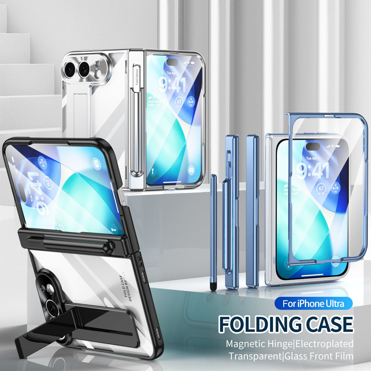iPhone Duo | Golden Plating Clear Phone Case Built-in Tempered Glass Film & Magnetic Hinge & Stylus