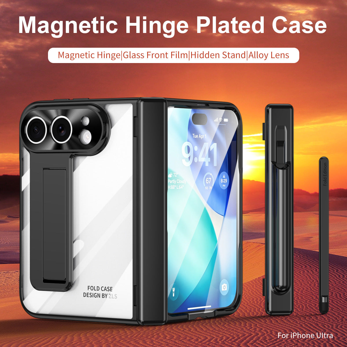 iPhone Duo | Golden Plating Clear Phone Case Built-in Tempered Glass Film & Magnetic Hinge & Stylus