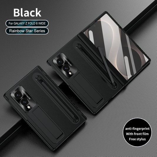 Golden Electroplated Leather Phone Case With Built-in Tempered Glass & Stylus For Galaxy Z Fold8 Wide Ultra