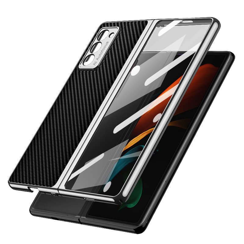 Leather Tempered Glass Case For Samsung Galaxy Z Fold 2 Luxury Carbon Fiber Plating Cover With Screen