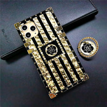 Load image into Gallery viewer, 2021 Luxury Brand Black Rose Flower Stripe Glitter Gold Square Case For iPhone

