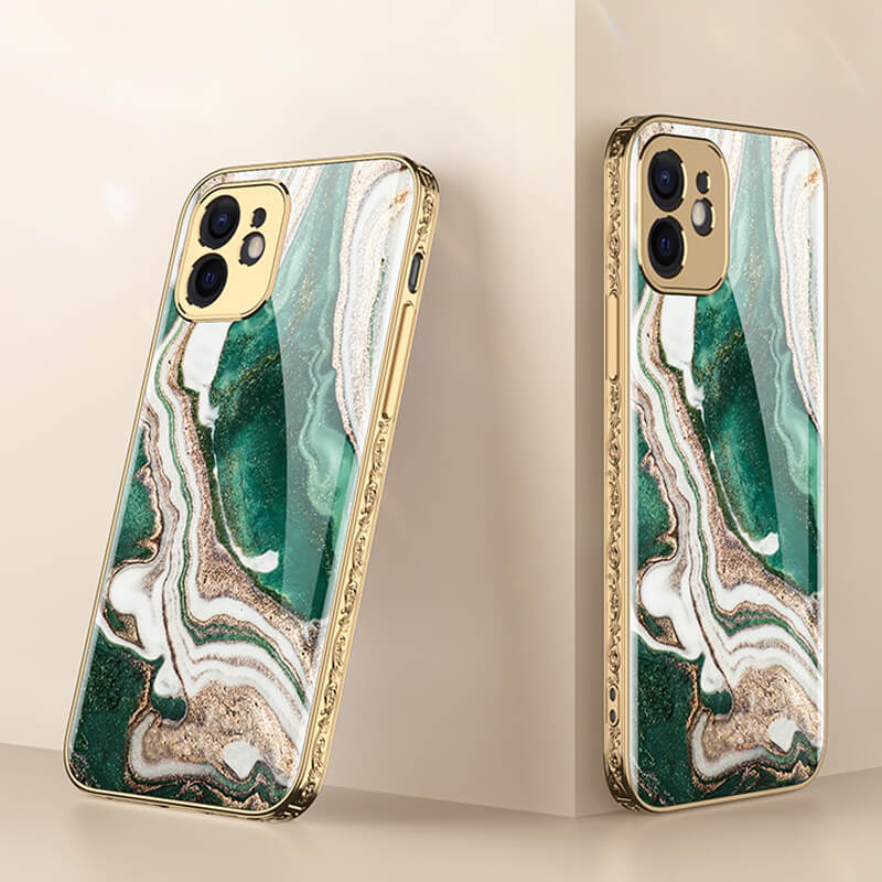 2021 Luxury Marble Plating Anti-knock Baroque Carving Edge Protection Tempered Glass Case For iPhone
