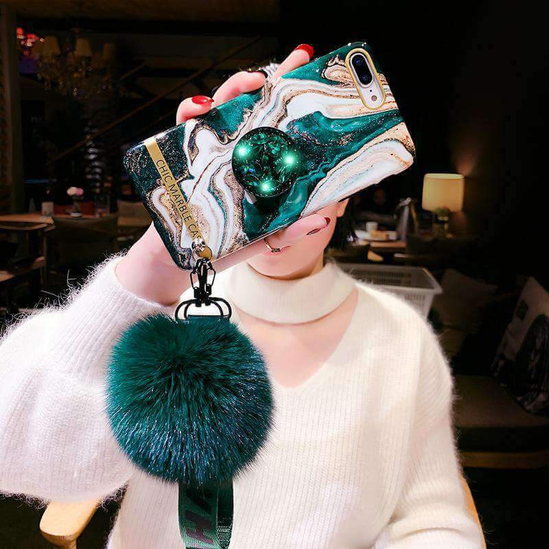 Luxury Marble Pattern Popsockets iPhone Case With Fur Ball And Lanyard - VooChoice