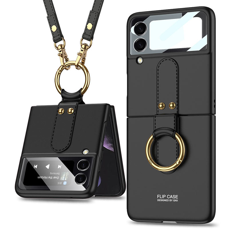 Original Back Screen Glass Matte Hard Cover With Finger-Ring And Lanyard For Samsung Z Flip3 Flip4 Flip5