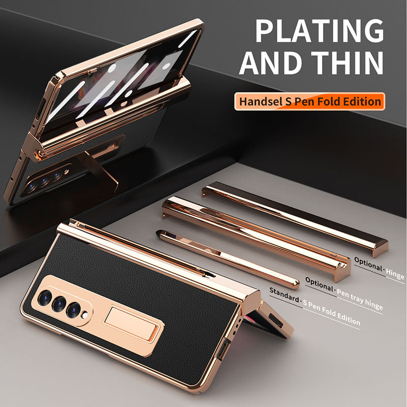 Leather Electroplated Magnetic Stand Phone Cover With Stylus For Samsung Galaxy Z Fold3 Fold4 5G