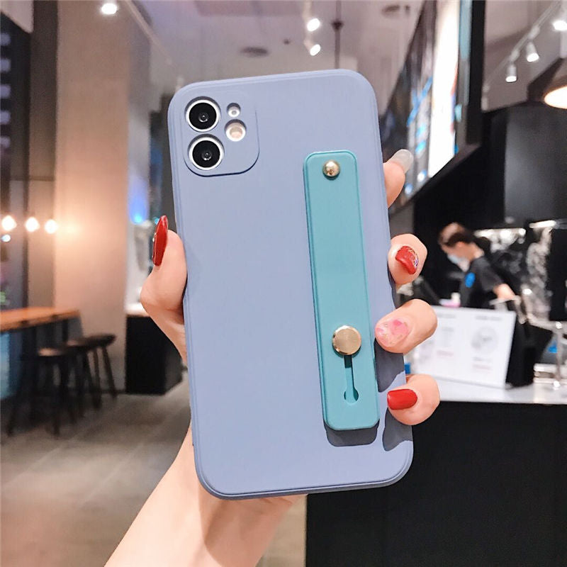 2021 Wrist Strap Square Liquid Silicone Phone Case For iPhone 11Pro Max XR XS Max X 7 8 Plus Stand Holder Cover For iPhone 12 SE 2020