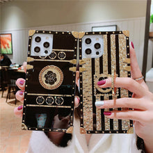 Load image into Gallery viewer, 2021 Luxury Brand Black Rose Flower Stripe Glitter Gold Square Case For iPhone &amp; Samsung
