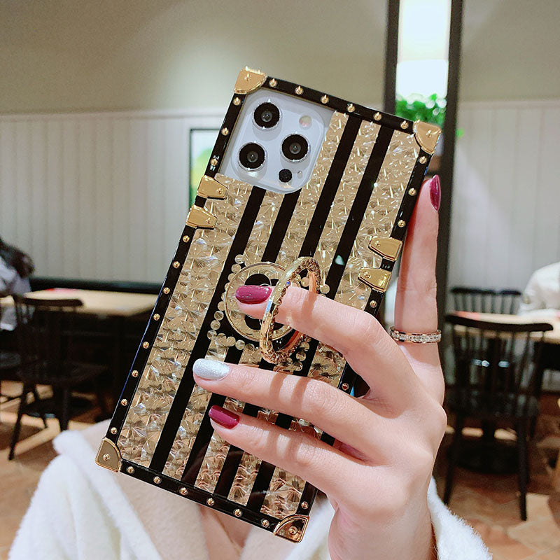 2021 Luxury Brand Black Rose Flower Stripe Glitter Gold Square Case For iPhone & Samsung