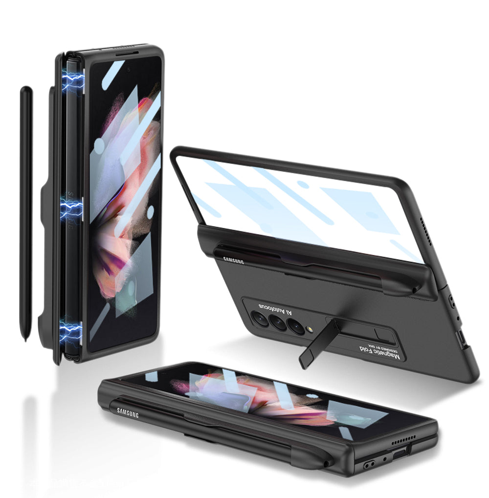 Magnetic Frame Plastic Stand Tempered Glass Screen All-included Case With Pen Slot For Samsung Galaxy Z Fold 3 5G