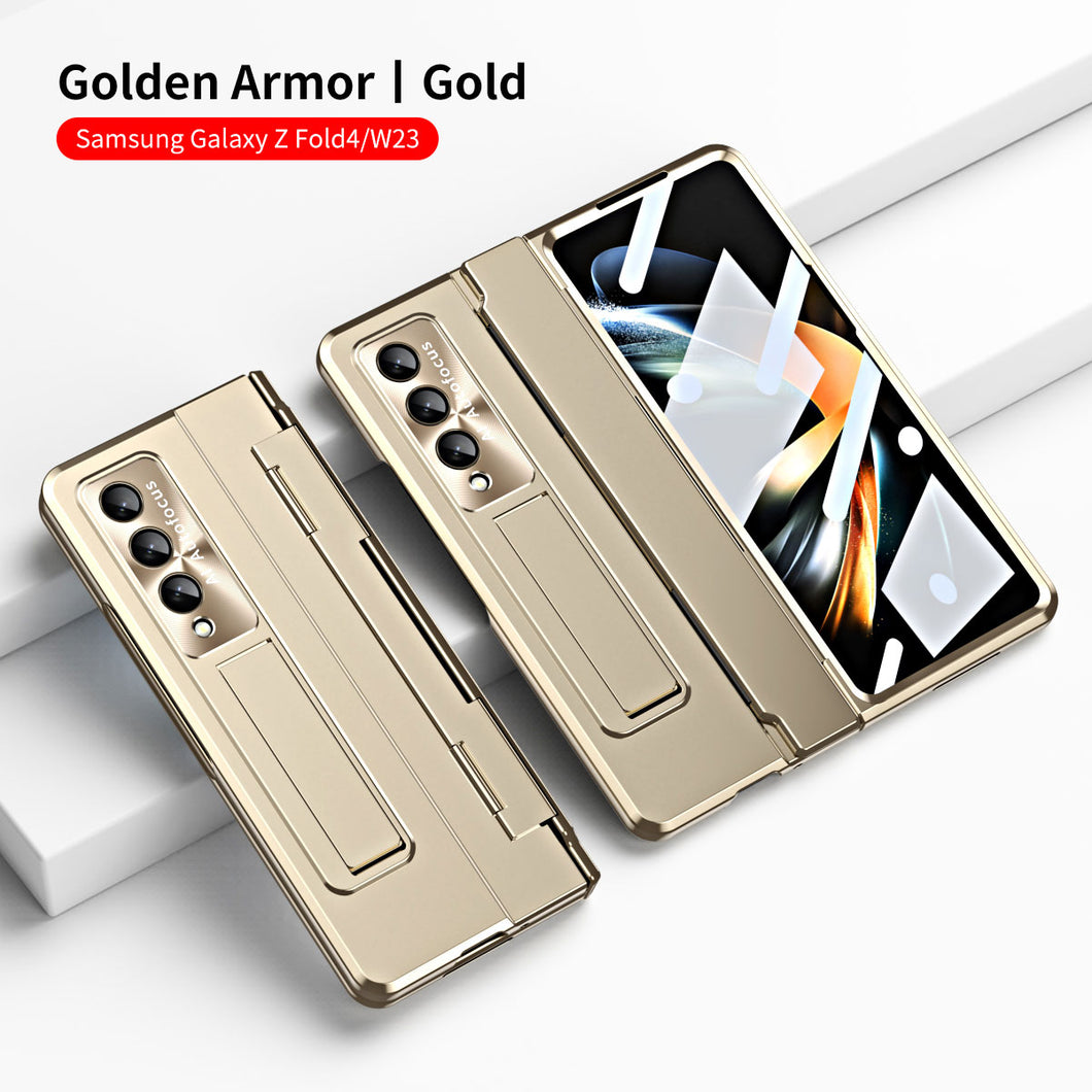 Enhanced Version of Golden Armor Hinge Folding Magnetic Bracket Shell Case For Samsung Galaxy Z Fold3 Fold4 5G With Screen Protector