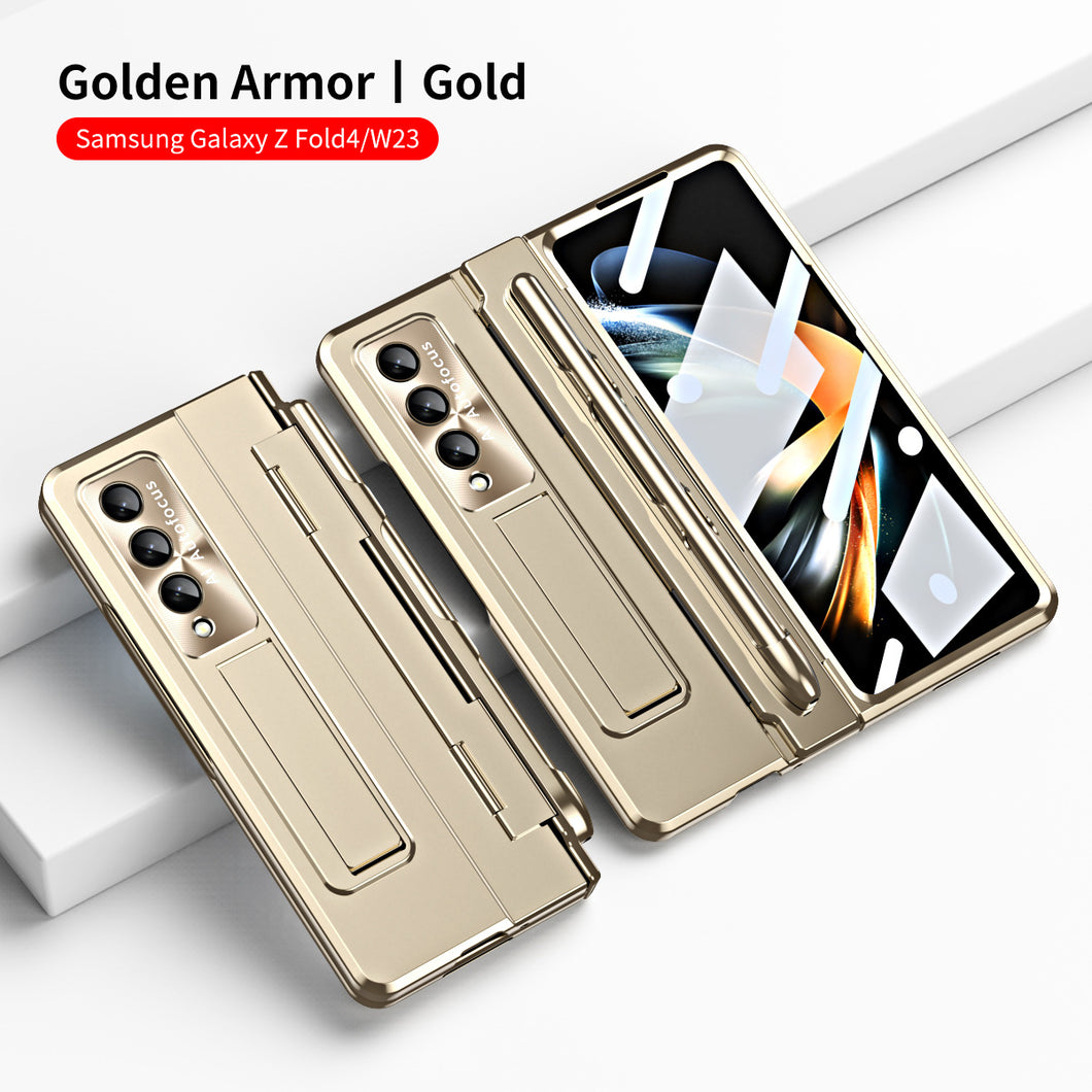 Enhanced Version of Golden Armor Hinge Folding Magnetic Bracket Shell Case For Samsung Galaxy Z Fold3 Fold4 5G With S-Pen Slot & Stylus