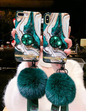 Load image into Gallery viewer, Luxury Marble Pattern Popsockets iPhone Case With Fur Ball And Lanyard - VooChoice
